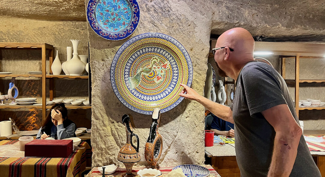 My husband John admiring the beautiful clay works in Avanos, Cappadoccia